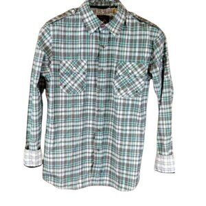 One90One Plaid Button-Up Shirt MED Velvet Trim Snap Grommet Zipper Detail